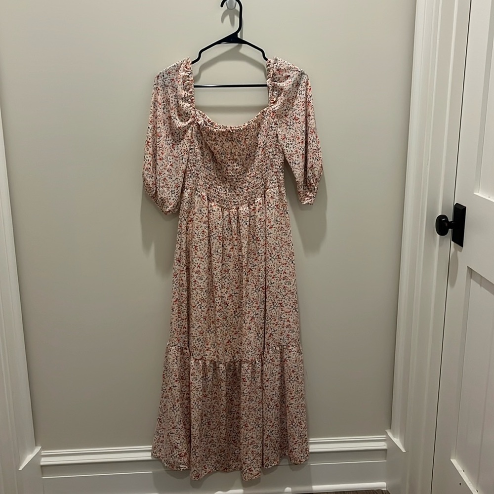 Pink Blush Maternity Dress - Light Pink floral smocked midi dress